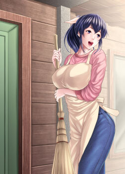 1girl apron bamboo_broom black_eyes black_hair blush breasts broom cowboy_shot denim female_focus holding holding_broom jeans large_breasts long_hair long_sleeves looking_away maison_ikkoku mature_female open_mouth otonashi_kyouko pants pink_shirt ponytail rokko shirt sidelocks solo teeth
