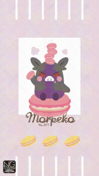 Rule 34 | blush stickers, character name, food, food on head, gen 8 pokemon, highres, holding, holding food, looking at viewer, macaron, meme (sleepsheep), morpeko, morpeko (hangry), nintendo, no humans, object on head, open mouth, pokemon, pokemon (creature), pokemon focus, red eyes, sitting, teeth