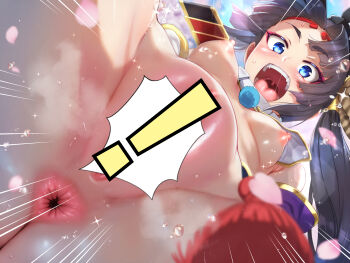 1girl :d anus armor black_hair black_hat blue_eyes blue_sky blurry blurry_background breasts cherry_blossoms clip_studio_paint_(medium) commentary_request convenient_censoring crotch_focus detached_sleeves emphasis_lines fate/grand_order fate_(series) from_below groin hat high_side_ponytail highres japanese_armor long_hair looking_at_viewer medium_breasts momisan nipples open_mouth outdoors paid_reward_available petals purple_sleeves pussy sky smile solo speech_bubble speech_bubble_censor steaming_body tassel tate_eboshi thick_eyebrows thighs tongue ushiwakamaru_(fate) ushiwakamaru_(second_ascension)_(fate) variant_set