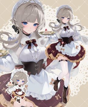 1girl absurdres alternate_costume black_choker black_corset blue_eyes blush boots breasts brown_boots brown_shoes cake cake_slice capelet chibi chibi_inset choker commentary_request corset food genshin_impact grey_background grey_capelet grey_hair highres holding holding_tray medium_breasts multiple_views pleated_skirt red_skirt riku_(rrr_gns) sandrone_(genshin_impact) shirt shoes short_hair_with_long_locks skirt smile strawberry_shortcake thighhighs tray watermark watermark_grid white_headdress white_shirt white_thighhighs zoom_layer