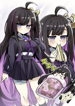 1girl bandaged_leg bandages black_hair black_sailor_collar black_serafuku black_shirt black_skirt breasts chitose_(stella_sora) closed_eyes colored_inner_hair commentary eating expressionless food highres holding holding_food holding_sandwich long_hair looking_at_viewer mixed-language_commentary mole mole_under_eye multicolored_hair multiple_views one_side_up pleated_skirt purple_eyes purple_hair purple_ribbon ribbon sailor_collar sandwich school_uniform serafuku shirt signature skirt sleeping sleepyowl_(jobkung15) stella_sora white_shirt zzz