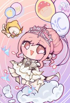 &gt;_&lt; 1girl ahoge armor balloon bare_arms barefoot blush_stickers bow bowtie breastplate brown_eyes character_name chenzui18100 chibi chinese_commentary cloak cloud coattails collar commentary_request detached_collar dot_nose dress drop_shadow ear_covers eyelashes eyes_visible_through_hair fangs feather_sleeves floating gradient_background hair_bun happy highres holding holding_balloon hood hood_up hooded_cloak infinity_nikki looking_at_animal medium_dress melody_bloom_(infinity_nikki) momo_(nikki) nikki_(nikki) nikki_(series) open_mouth origami outline paper_crane pear-pal_(infinity_nikki) pink_background pink_hair pink_outline pleated_dress purple_background red_bow red_bowtie short_hair_with_long_locks short_sleeves shroomling_(infinity_nikki) sidelocks single_hair_bun smile sparkling_eyes swept_bangs tareme tiara toon_(style) traditional_bowtie two-tone_background updo v-shaped_eyebrows wavy_hair whimstar_(infinity_nikki) white_collar white_dress yellow_cloak