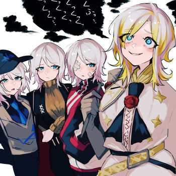 4girls arms_behind_back bandaid bandaid_on_cheek bandaid_on_face baseball_cap belt belt_buckle black_belt black_coat black_hat black_vest blonde_hair blue_eyes blue_necktie blue_shirt brown_sweater buckle closed_mouth coat coat_on_shoulders collared_shirt constricted_pupils crazy elbow_gloves evil_grin evil_smile eyes_visible_through_hair faust_(project_moon) frown gauze gauze_over_eye gloves grey_gloves grey_vest grin hand_up hands_in_pockets hat highres holding holding_nail holding_own_arm limbus_company lobotomy_corporation_remnant_(identity)_(project_moon) logo long_sleeves looking_up multicolored_hair multiple_girls n_corp._fanatic_(identity)_(project_moon) nail_(hardware) nakame77 necktie open_mouth project_moon shirt short_hair simple_background smile speech_bubble streaked_hair sweat sweater turtleneck two-tone_hair vest w_corp._(identity)_(project_moon) wax_seal white_background white_hair white_shirt wide-eyed wing_collar yellow_belt yuri_(project_moon)