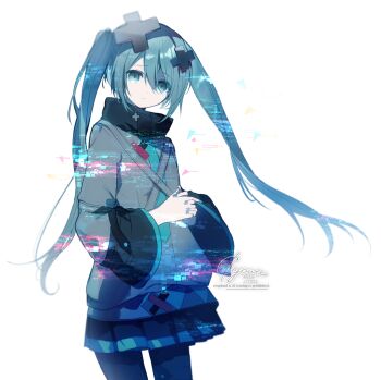 1girl black_pantyhose black_skirt blue_eyes blue_hair blue_nails closed_mouth cyawa grey_jacket hair_between_eyes hair_ornament hatsune_miku highres jacket long_hair long_sleeves nail_polish pantyhose pleated_skirt signature simple_background skirt solo very_long_hair vocaloid watermark white_background wide_sleeves x_hair_ornament