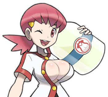 1girl bare_shoulders black_hair blonde_hair blue_eyes blue_hair blush bottle bow breasts brown_hair bursting_breasts cleavage highres large_breasts looking_at_viewer low_twintails milk_bottle nintendo no_bra official_style one_eye_closed pink_eyes pink_hair pokemon pokemon_gsc smile teeth tongue twintails unbuttoned unbuttoned_shirt whitney_(pokemon) wink