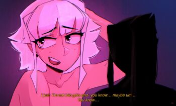 2girls arm_behind_head black_hair blade_runner_(series) blade_runner_2049 english_text giant giantess grawlix_(shibansfw) grey_eyes highres looking_to_the_side multiple_girls open_mouth original purple_background shibansfw short_hair sidelocks smile stutter talking white_hair