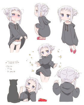 1girl black_cat black_hoodie blush cat character_name reference_sheet clothes_lift double_bun drawstring expressionless food food_in_mouth from_behind from_side hair_bun hands_up highres hood hood_down hoodie hoodie_lift looking_at_another looking_at_viewer loose_hair_strand lying no_legwear on_stomach original panties petite pocky pocky_in_mouth red_footwear samansa_ex simple_background solo squatting standing star_(symbol) tabasa_(samansa_ex) underwear white_background white_hair white_panties