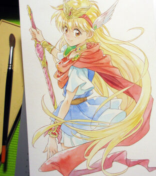 1girl agahari akazukin_chacha arm_up art_brush art_tools_in_frame belt blonde_hair blue_dress bracer brown_belt closed_mouth colored_eyelashes commentary_request cropped_legs dress gold_choker hair_ornament hairband holding holding_sword holding_weapon long_hair looking_at_viewer looking_to_the_side magical_girl magical_princess paintbrush painting_(medium) photo_(medium) red_hairband red_scarf scarf short_sleeves smile solo standing sword traditional_media very_long_hair weapon wing_hair_ornament