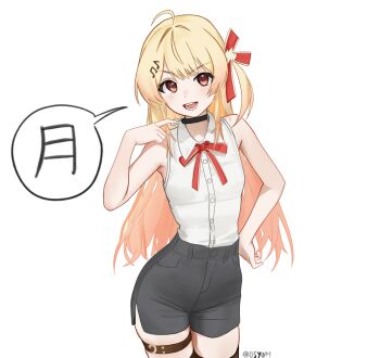 1girl ahoge bare_shoulders black_shorts blonde_hair bow buttons chainsaw_man choker cosplay d5y0m hair_ornament hand_on_own_hip highres hololive long_hair looking_at_viewer musical_note open_mouth otonose_kanade red_ribbon regloss_(hololive) reze_(chainsaw_man) reze_(chainsaw_man)_(cosplay) ribbon shirt shorts side_ponytail simple_background sleeveless sleeveless_shirt solo speech_bubble virtual_youtuber white_shirt yellow_eyes