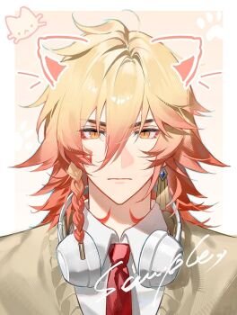 Rule 34 | 1boy, armlet, blonde hair, braid, brown vest, chinese commentary, collared shirt, commentary request, drawn ears, earrings, facial tattoo, gold earrings, gradient hair, headphones, headphones around neck, highres, honkai: star rail, honkai (series), jewelry, male focus, medium hair, multicolored hair, mydei (honkai: star rail), neck tattoo, necktie, portrait, red hair, red necktie, red tattoo, sample watermark, school uniform, shirt, side braid, solo, suirandanshihao, tattoo, vest, watermark, white shirt, yellow eyes
