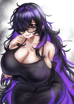 Rule 34 | 1girl, bags under eyes, bare shoulders, black-framed eyewear, black dress, black hair, breasts, cleavage, collarbone, colycycle, cowboy shot, dress, goddess of victory: nikke, gradient background, hair over one eye, huge breasts, label (nikke), leaning forward, long sleeves, looking at viewer, messy hair, mole, mole on breast, multicolored hair, off shoulder, open mouth, purple eyes, purple hair, smile, solo, two-tone hair, white background