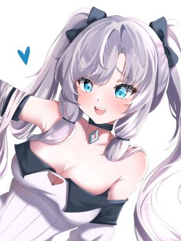 1girl :d black_bow black_choker blue_eyes bow breasts choker cleavage commentary dress english_commentary grey_hair hair_bow heart highres ibispaint_(medium) long_hair looking_at_viewer medium_breasts open_mouth original parted_bangs riria_mona1 simple_background smile solo twintails upper_body white_background white_dress
