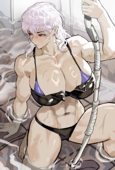 1girl abs absurdres albino bikini breasts cleavage dorohedoro ear_piercing highres huge_breasts inverted_cross_earrings jewelry long_hair muscular muscular_female noi_(dorohedoro) park_ongjol partially_submerged partially_unzipped piercing red_eyes ring sitting solo swimsuit tall_female water white_hair