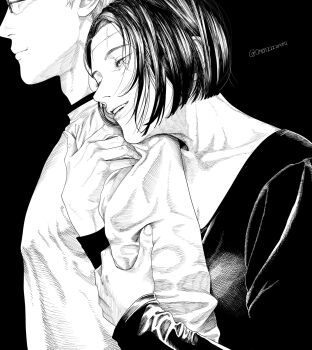 Rule 34 | 1boy, 1girl, artist name, breasts, cleavage, collarbone, commentary, glasses, grin, hetero, highres, holding another's arm, itadori jin, itadori kaori, jujutsu kaisen, kenjaku, long sleeves, monochrome, omoti22204872, parted bangs, scar, scar on face, scar on forehead, short hair, smile, upper body