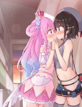 2girls absurdres arched_crown back_bow bare_shoulders blue_eyes blue_hair blue_shorts blurry blush bokeh bow bracelet breasts brown_hair candy_hair_ornament clothing_cutout commentary_request cropped_shirt crown dappled_sunlight depth_of_field detached_collar dress embarrassed eye_contact face-to-face food-themed_hair_ornament frilled_dress frills from_side gold_crown gradient_hair grey_hat grey_shirt grey_thighhighs hair_ornament hair_rings hairclip hallway hat height_difference highres himemori_luna himemori_luna_(1st_costume) hip_vent holding_hands hololive imminent_kiss indoors interlocked_fingers jewelry kanami9731 lace lace-trimmed_panties lace_trim large_bow layered_dress light_particles long_hair looking_at_another medium_breasts multicolored_hair multiple_girls no_jacket off-shoulder_dress off_shoulder oozora_subaru oozora_subaru_(suspenders) panties panty_peek petticoat pink_dress pink_hair pinstripe_pattern pinstripe_shirt profile puffy_short_sleeves puffy_sleeves purple_eyes purple_hair purple_skirt sailor_hat school shirt short_dress short_hair short_sleeves shorts side_up_ring single_hair_ring skirt star_(symbol) star_hair_ornament sunlight sunset suspenders thighhighs underwear virtual_youtuber wavy_hair yuri
