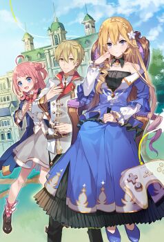 1boy 2girls :d ahoge aiguillette arm_rest bare_shoulders belt belt_buckle black_pants blonde_hair blue_dress blue_eyes blue_footwear blue_robe blue_sky blush bow bowtie braid brooch brown_belt brown_footwear buckle building buttons cable chair clenched_hands closed_mouth cloud collarbone controller cover cover_page crossed_bangs crown_braid day detached_collar dot_nose double-breasted dress eihi elbow_rest eyes_visible_through_hair feet_out_of_frame fiene_(tsunlise) flower frilled_dress frilled_sleeves frills full_body furrowed_brow game_controller gem hair_between_eyes hair_bun hair_flower hair_ornament hair_over_shoulder hand_on_lap hand_on_own_chest hand_up hands_up head_rest high_collar jacket jewelry lapels layered_dress layered_sleeves legs_apart lieselotte_riefenstahl light_frown long_dress long_hair long_sleeves looking_at_viewer multiple_belts multiple_girls no_socks notched_lapels off-shoulder_dress off_shoulder official_art on_chair open_clothes open_mouth open_robe outdoors outline pants pearl_(gemstone) pink_hair pleated_skirt puffy_long_sleeves puffy_sleeves purple_eyes red_bow red_bowtie ringlets robe school_uniform shoes siegwald_fitzenhagen single_side_bun sitting skirt sky smile standing striped_bow striped_bowtie striped_clothes swept_bangs tree tsundere_akuyaku_reijou_lieselotte_to_jikkyou_no_endou-kun_to_kaisetsu_no_kobayashi-san very_long_hair w_arms white_flower white_jacket white_skirt white_sleeves wing_collar yellow_eyes