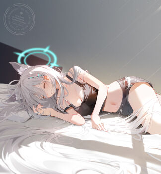 1girl absurdres animal_ear_fluff animal_ears bare_shoulders bed bed_sheet black_shirt black_shorts blue_archive blue_halo blush bra bra_strap breasts cleavage closed_eyes collarbone commentary commission crop_top cross cross_hair_ornament extra_ears facing_ahead grey_background hair_between_eyes hair_ornament hair_spread_out halo highres indoors inverted_cross large_breasts light_particles long_hair lying midriff morning navel on_bed on_side parted_lips pillow shiroko_terror_(blue_archive) shirt short_shorts shorts sidelighting sikimosh skeb_commission smile solo strap_slip thighs underwear very_long_hair watermark white_bra white_hair wolf_ears wolf_girl