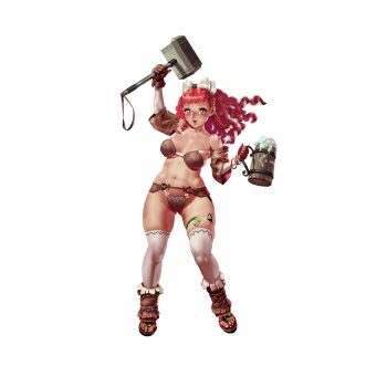 1girl alcohol arm_up artist_request bare_shoulders beer bow bra braid breasts brown_bra brown_eyes brown_panties cleavage crystal_maiden_(series) curly_hair detached_sleeves dwarf full_body game_cg gloves groin hair_bow hammer highres holding holding_hammer holding_weapon large_breasts leather leather_gloves multiple_hair_bows navel official_art open_mouth panties red_hair sandals solo tankard torel_(crystal_maidens) transparent_background underwear variant_set weapon white_bow