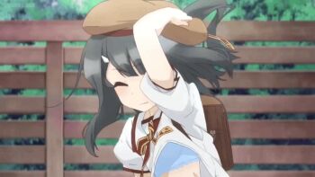 2girls animated animated_gif bag black_hair black_skirt blue_bra blue_panties blush bow bowtie bra brown_bag brown_hat closed_eyes closed_mouth clothes_grab dot_nose fate/kaleid_liner_prisma_illya fate_(series) female_focus hat homurabara_academy_school_uniform huge_filesize illyasviel_von_einzbern legs loli long_hair midriff miniskirt miyu_edelfelt multiple_girls navel necktie open_mouth outdoors panties pantyshot pleated_skirt red_bow red_bowtie school_bag school_uniform serafuku sexually_suggestive short_sleeves skirt skirt_grab stomach summer_uniform thighs underwear upskirt white_hair white_serafuku wind