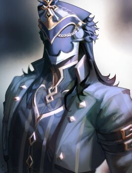 Rule 34 | 1boy, arm belt, belt, belt buckle, black coat, black helmet, black shirt, buckle, capitano (genshin impact), coat, collared shirt, commentary, english commentary, genshin impact, gold trim, helmet, highres, lapels, male focus, multiple belts, open clothes, open coat, popped collar, shirt, solo, toumii00, upper body