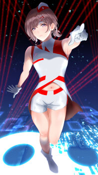 1girl bare_arms brown_hair garrison_cap gloves hat highres higuchi_madoka idolmaster idolmaster_shiny_colors kagari_naoto light_brown_hair looking_at_viewer mole mole_under_eye navel pointing pointing_at_viewer short_hair short_shorts shorts sleeveless solo standing standing_on_one_leg voy@ger_(idolmaster) white_gloves white_shorts