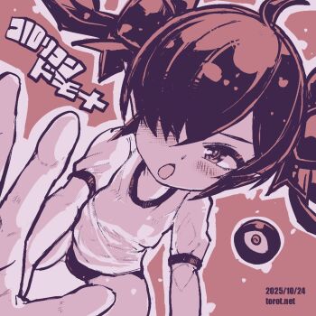 1girl ;o ahoge backbeako_(torotei) backbeard blush breasts buruma commentary dated dated_commentary dutch_angle gegege_no_kitarou gym_shirt gym_uniform hair_over_one_eye hair_ribbon kono_lolicon_domome long_hair looking_at_viewer monochrome one_eye_closed open_mouth original outstretched_arms paid_reward_available pointy_ears red_background red_theme ribbon shirt short_sleeves simple_background sitting small_breasts solo stretching torotei translated twintails watermark web_address