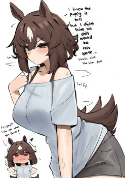 Rule 34 | 1girl, absurdres, animal ears, bare shoulders, blush, breasts, brown hair, commentary, english commentary, english text, grey shorts, hair between eyes, highres, horse ears, horse girl, horse tail, iog626, large breasts, long hair, multicolored hair, multiple views, open mouth, red eyes, shirt, shirt tug, shorts, simple background, sirius symboli (umamusume), streaked hair, tail, umamusume, v-shaped eyebrows, white background, white shirt, white streaks