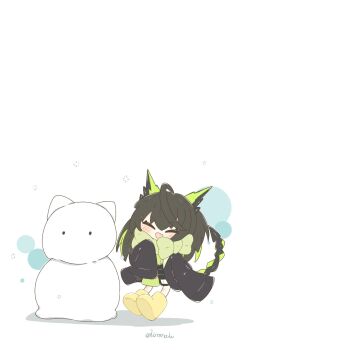 Rule 34 | 1girl, :d, ahoge, animal ears, arknights, black hair, black jacket, blush, boots, bow, cat ears, closed eyes, commentary request, crystal horns, crystal tail, deformed, dress, fake animal ears, fang, full body, green bow, green dress, green scarf, green streaks, highres, hiroyo38110, huge ahoge, jacket, large bow, mon3tr (arknights), open mouth, scarf, scarf bow, shadow, simple background, skin fang, sleeves past fingers, sleeves past wrists, smile, snowman, solo, tail, tail raised, twitter username, white background, yellow boots