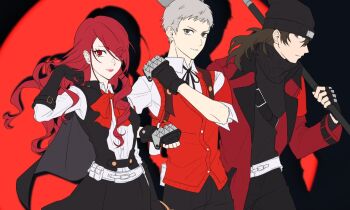 1girl 2boys aragaki_shinjirou arm_at_side armband beanie belt black_cape black_eyes black_gloves black_hat black_pants black_ribbon black_sweater black_vest bow brass_knuckles brown_hair cape clenched_hands closed_mouth coat commentary cowboy_shot dress_shirt drill_hair elbow_gloves from_side gekkoukan_high_school_uniform gloves hair_between_eyes hair_over_one_eye hammer hand_in_pocket hand_up hat holding holding_hammer kirijou_mitsuru lapels long_hair long_sleeves looking_at_viewer multiple_boys p_ggam pants parted_lips persona persona_3 persona_3_reload pink_lips profile red_armband red_background red_bow red_coat red_eyes red_hair red_vest ribbon s.e.e.s sanada_akihiko school_uniform shadow shirt short_hair sleeves_rolled_up smile spotlight sweater unfinished very_short_hair vest weapon white_belt white_hair white_shirt