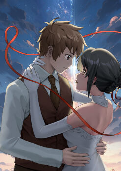 Rule 34 | 1boy, 1girl, absurdres, black hair, brown hair, dress, formal clothes, from side, hand on another's neck, hand on another's waist, highres, kimi no na wa., light smile, miyamizu mitsuha, nizz, original, suit, tachibana taki, white dress