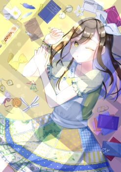 1girl absurdres aqua_feathers artist_name artist_request back_bow blue_feathers blush book bow bracelet breasts brown_eyes brown_hair checkered_clothes checkered_skirt collarbone collared_dress curly_hair dress feathers female_focus floating_hair flower flower_bracelet flower_print food frilled_skirt frills glasses goodnight_everyone! goodnight_everyone_(love_live!) hair_between_eyes hair_bow highres jewelry kunikida_hanamaru light_brown_hair long_hair looking_at_viewer love_live! love_live!_school_idol_festival love_live!_sunshine!! miniskirt multicolored_skirt nail_polish oyasumina-san! oyasumina-san_(love_live!) parted_lips plaid_clothes plaid_dress plaid_skirt pleated pleated_dress pleated_skirt polka_dot polka_dot_scrunchie polka_dot_skirt puffy_short_sleeves puffy_sleeves scrunchie short_sleeves skirt small_breasts smile solo star_(symbol) star_print triangle_print wavy_hair white_bow white_flower wing_collar yellow_background yellow_dress yellow_eyes yellow_flower yellow_nail_polish yellow_nails yellow_scrunchie