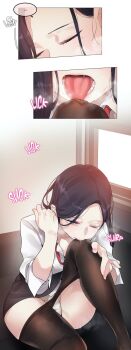 1girl a_pervert&#039;s_daily_life absurdres alicecrazy black_eyes black_hair black_pantyhose black_skirt blush character_request closed_eyes clothes_pull collarbone collared_shirt cropped cum cum_on_body cum_on_legs cum_on_legwear dot_nose female_focus highres legs licking licking_cum licking_leg long_hair long_image long_sleeves lower_teeth_only miniskirt mole mole_under_eye mole_under_mouth office_lady official_art one_eye_closed open_mouth panties pantyhose pantyhose_pull pencil_skirt saliva saliva_trail shirt sitting skirt solo solo_focus sweat sweatdrop teeth thighs tongue tongue_out underwear white_panties white_shirt