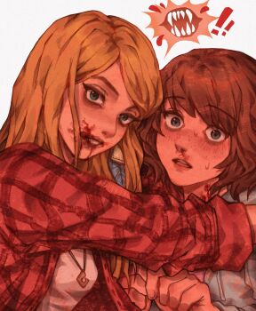 ! !! 2girls blonde_hair blood blood_on_face blue_eyes blush brown_hair commentary english_commentary hands_up highres jewelry life_is_strange_(series) long_hair long_sleeves looking_at_viewer max_caulfield maxcrackfield multiple_girls necklace nose_blush open_clothes open_shirt outstretched_arm parted_bangs parted_lips plaid_clothes plaid_shirt rachel_amber red_shirt shirt short_hair simple_background sweat unbuttoned vampire warm_colored white_background white_shirt yuri