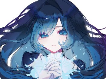 1girl ado_(utaite) blue_eyes blue_hair chando_(ado) commentary_request floating_hair highres indoors looking_at_viewer mole mole_under_eye open_mouth own_hands_clasped own_hands_together simple_background solo tinaaa_1114 upper_body white_background yodaka_(ado)