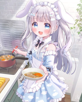 1girl :d airplane_hair_ornament animal_ears apron black_bow black_bowtie blue_bow blue_dress blue_eyes bow bowl bowtie brooch clothing_cutout cloud_hair_ornament cloud_print collar commentary_request detached_collar dress extra_ears frilled_apron frilled_dress frills grey_hair hair_bow hair_ornament heart heart_brooch highres holding holding_bowl incoming_food indoors jewelry kitchen long_hair long_sleeves looking_at_viewer maid maid_apron maid_headdress mozukun43 open_mouth original pom_pom_(clothes) pom_pom_hair_ornament print_dress rabbit_ears shoulder_cutout sleeve_bow smile solo stew two_side_up very_long_hair waist_apron white_apron white_collar