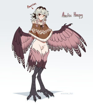 Rule 34 | 1girl, bird legs, black hair, breasts, brown eyes, brown hair, brown poncho, closed mouth, expressionless, eyebrows hidden by hair, female pubic hair, full body, grey hair, harpy, heterochromia, highres, looking at viewer, medium hair, monster girl, multicolored hair, no panties, original, pubic hair, shadow, simple background, slit pupils, small breasts, solo, unreal fish, unrealfish, white background, winged arms, wings, yellow eyes