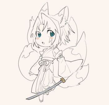 1boy :o alternate_costume animal_ears aqua_eyes arm_belt blush_stickers clothing_cutout commentary_request detached_sleeves final_fantasy final_fantasy_vii final_fantasy_vii_ever_crisis fox_boy fox_ears fox_tail full_body geta hair_intakes hakama hakama_pants hattouissenbaka hip_vent holding holding_sword holding_weapon japanese_clothes katana kemonomimi_mode kimono kitsune leg_up male_focus multiple_tails open_mouth pants parted_bangs sephiroth sephiroth_(ever_crisis) short_hair sketch sleeveless sleeveless_kimono solo spot_color sword tail weapon wide_sleeves