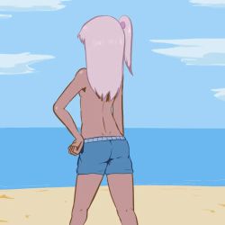 1girl animated beach blue_male_swimwear blue_swim_trunks breasts chloe_von_einzbern dark-skinned_female dark_skin double_v drawstring exhibitionism fate/kaleid_liner_prisma_illya fate_(series) female_focus loli looking_at_viewer male_swimwear male_swimwear_challenge nipples outdoors pink_hair powerofsin public_indecency small_breasts solo swim_trunks swimsuit v video