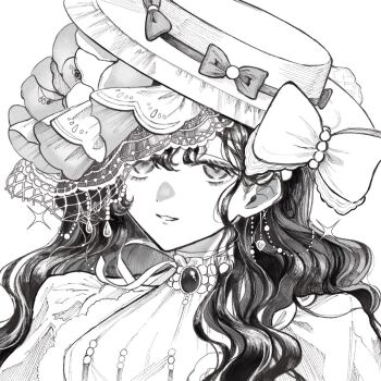 1girl bow dress greyscale grin hat hat_bow highres isolde_(reverse:1999) kobuchan long_hair looking_at_viewer monochrome portrait reverse:1999 smile solo sparkle veil wavy_hair white_background