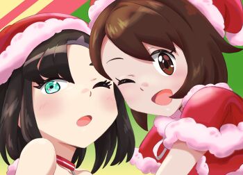 2girls ;d ;o asymmetrical_bangs black_hair blush bob_cut brown_eyes brown_hair capelet christmas commentary_request eyelashes fur-trimmed_capelet fur_trim gloria_(pokemon) green_eyes hat highres looking_at_viewer marnie_(pokemon) multiple_girls nintendo one_eye_closed open_mouth pokemon pokemon_swsh red_capelet red_headwear santa_hat short_hair smile tongue upper_body yusuke_oshida