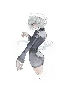 1girl animal_ears cat_ears cat_girl cat_tail from_side hunter_x_hunter kanji_(nievart) long_sleeves neferpitou short_hair tail white_hair whtie_background