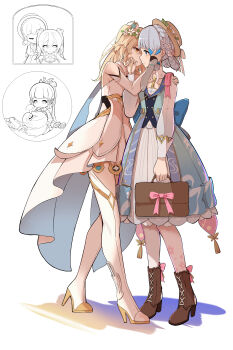 2girls absurdres ayaka_(genshin_impact) blonde_hair boots briefcase brown_boots dress full_body genshin_impact grey_hair hand_in_another&#039;s_hair hat high_heel_boots high_heels highres holding holding_briefcase kamisato_ayaka kamisato_ayaka_(springbloom_missive) long_sleeves looking_at_another lumine_(genshin_impact) multiple_girls simple_background sleeveless sleeveless_dress standing thigh_boots user_yuds5544 white_background white_boots yuri