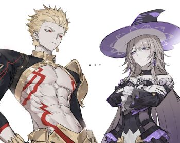 ... 1boy 1girl 1nuyaki abs absurdres armor black_choker blonde_hair body_markings choker closed_mouth commentary crossed_arms detached_sleeves dress earrings english_commentary fate/stay_night fate_(series) frilled_dress frilled_sleeves frills gilgamesh_(fate) gilgamesh_(honkai:_star_rail)_(fate) grey_hair herta_(honkai:_star_rail) highres honkai:_star_rail honkai_(series) jewelry long_hair long_sleeves looking_at_another pauldrons pectorals purple_eyes red_eyes short_hair shoulder_armor sideways_glance single_pauldron the_herta_(honkai:_star_rail) toned toned_male upper_body very_long_hair