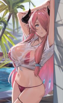 1girl armpit_peek arms_up bikini black_horns blue_eyes blue_sky blush breasts collarbone commentary_request day draph granblue_fantasy hair_over_one_eye highres horns j@ck jewelry large_breasts lips long_hair narmaya_(granblue_fantasy) navel necklace outdoors palm_tree pink_bikini pink_hair pink_lips pointy_ears shirt short_sleeves sky solo stomach swimsuit thigh_strap thighs tied_shirt tree water wet wet_clothes wet_shirt white_shirt