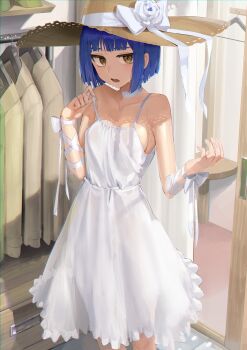 1girl absurdres arm_bow bare_shoulders blue_eyes blush breasts choker commentary commission dress english_commentary goback hat hat_ornament hat_ribbon highres indoors looking_at_viewer medium_breasts mole mole_on_breast no_bra open_mouth original ribbon sleeveless sleeveless_dress solo straw_hat white_choker white_dress yellow_eyes
