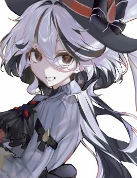 1girl alternate_color arlecchino_(genshin_impact) ascot black_ascot black_eyes black_hair black_hat colored_inner_hair commentary_request furina_(genshin_impact) genshin_impact grey_jacket haru_1un hat highres jacket long_hair long_sleeves looking_at_viewer multicolored_hair red_pupils solo streaked_hair symbol-shaped_pupils upper_body white_hair x-shaped_pupils