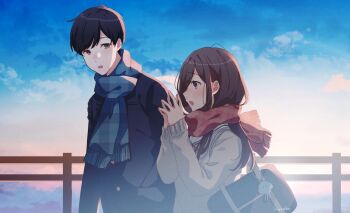 1boy 1girl artist_name bag bag_charm black_hair black_jacket blue_scarf blue_sky brown_eyes brown_hair charm_(object) cloud commentary_request enpera evening grey_eyes grey_sweater hanako151 hands_up highres jacket looking_at_another open_mouth original outdoors own_hands_together plaid_clothes plaid_scarf red_scarf sailor_collar scarf school_bag school_uniform short_hair shoulder_bag sky steepled_fingers sweater upper_body very_short_hair white_sailor_collar