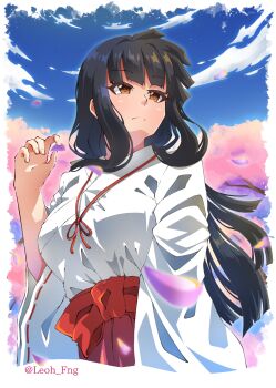 artist_name black_hair blue_sky brown_eyes cherry_blossoms commentary highres holding holding_petal inuyasha japanese_clothes kikyou_(inuyasha) leoh_fng miko petals self-upload sky