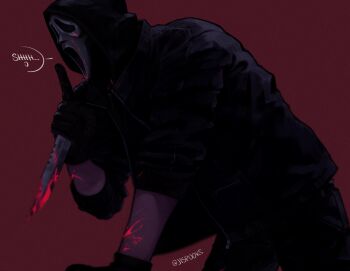 1boy artist_name black_gloves black_jacket black_pants blood blood_on_arm blood_on_clothes blood_on_mask bloody_weapon colored_skin combat_knife cowboy_shot dark dark_background finger_to_mouth from_side ghost_mask ghostface gloves highres jacket jispooks knife male_focus mask mask_on_head open_clothes open_jacket pants pink_blood red_background scream_(movie) shushing solo speech_bubble twitter_username weapon white_skin