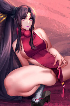 1girl bare_shoulders black_hair breasts dress fate/grand_order fate_(series) hair_bun highres long_hair looking_at_viewer medium_breasts multicolored_eyes orange_eyes parted_bangs pelvic_curtain platform_sandals purple_eyes purple_lips red_dress sandals side_ponytail sideboob sidelocks single_side_bun smile socks solo spread_legs taira_no_kagekiyo_(fate) tassel ushiwakamaru_(fate) very_long_hair yand
